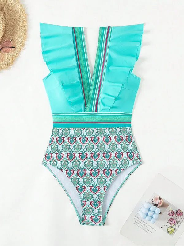 Trendy Paisley Ruffle One-Piece Swimwear with Tummy Control