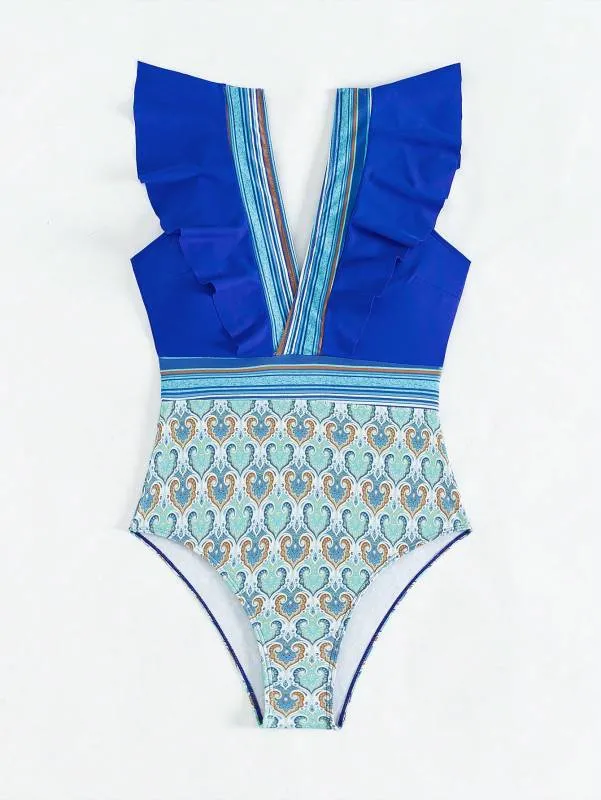 Trendy Paisley Ruffle One-Piece Swimwear with Tummy Control