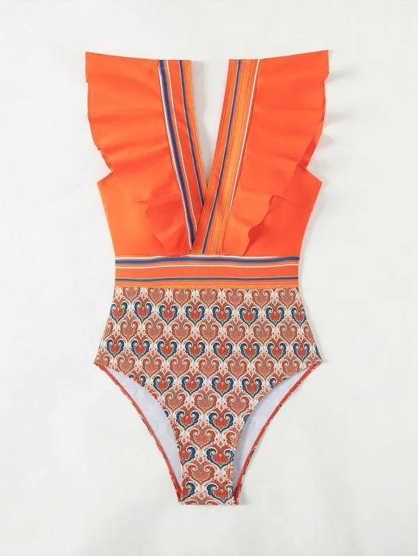 Trendy Paisley Ruffle One-Piece Swimwear with Tummy Control