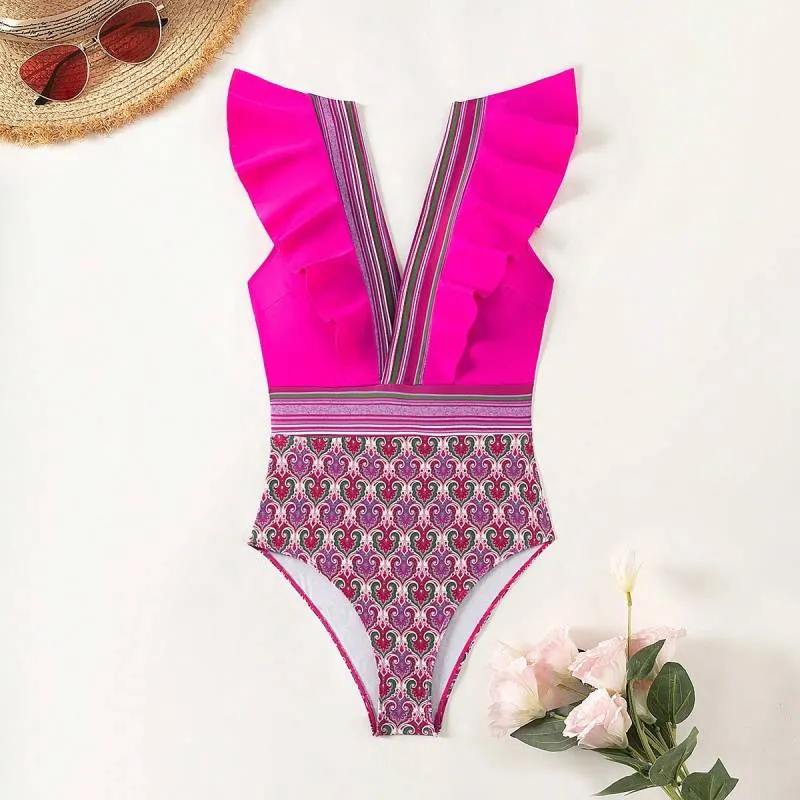 Trendy Paisley Ruffle One-Piece Swimwear with Tummy Control