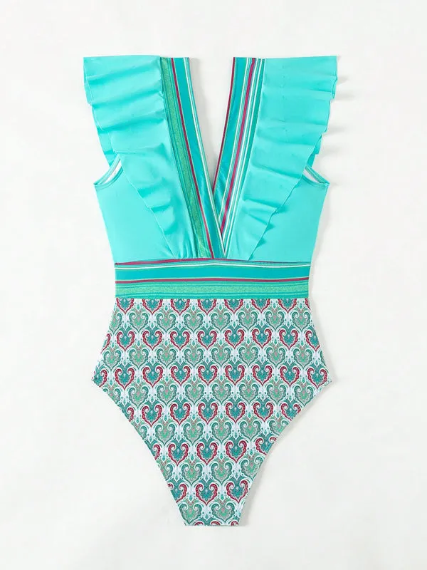 Trendy Paisley Ruffle One-Piece Swimwear with Tummy Control