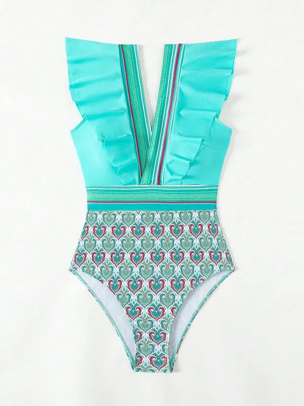 Trendy Paisley Ruffle One-Piece Swimwear with Tummy Control