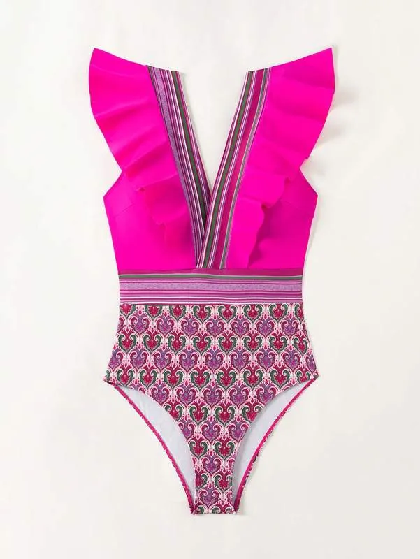 Trendy Paisley Ruffle One-Piece Swimwear with Tummy Control