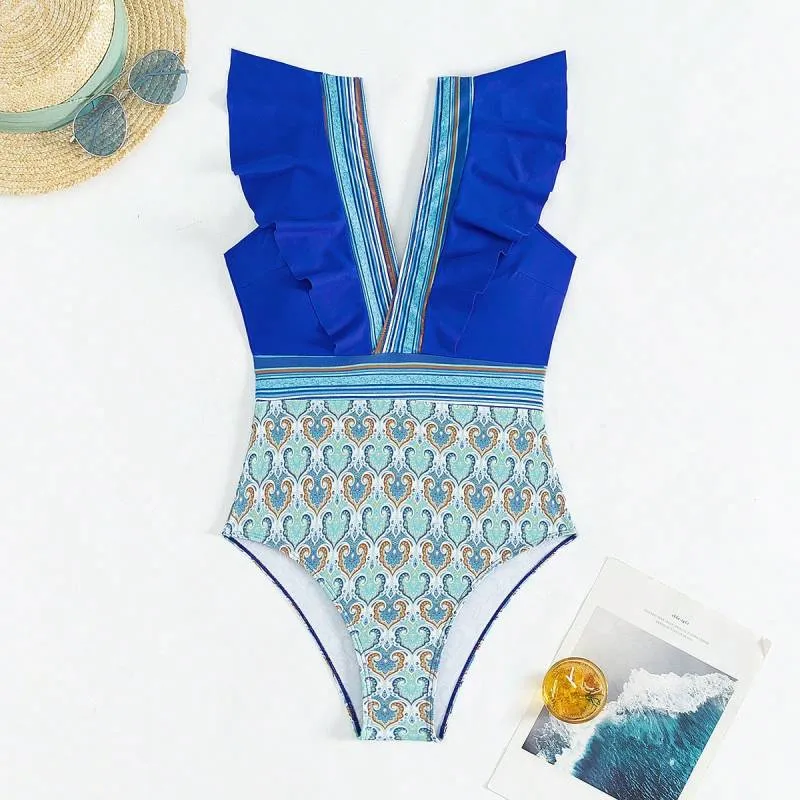 Trendy Paisley Ruffle One-Piece Swimwear with Tummy Control