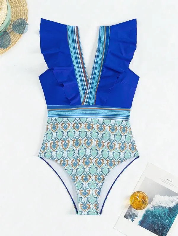 Trendy Paisley Ruffle One-Piece Swimwear with Tummy Control