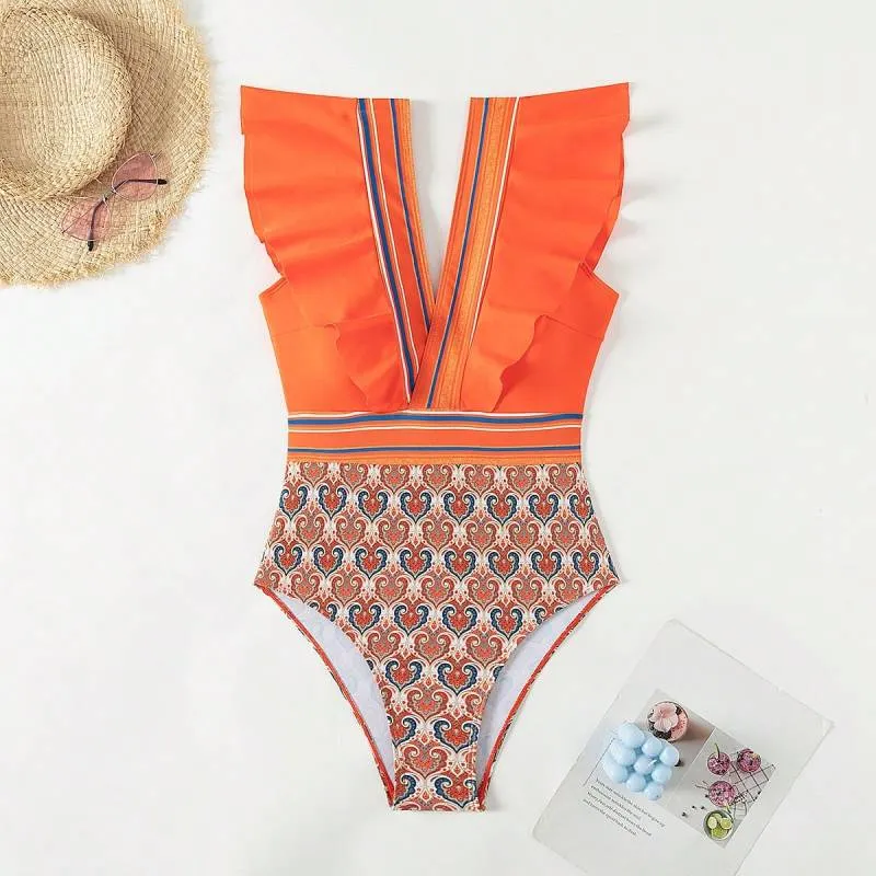 Trendy Paisley Ruffle One-Piece Swimwear with Tummy Control