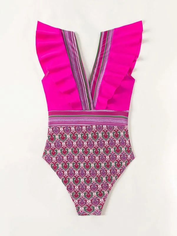 Trendy Paisley Ruffle One-Piece Swimwear with Tummy Control