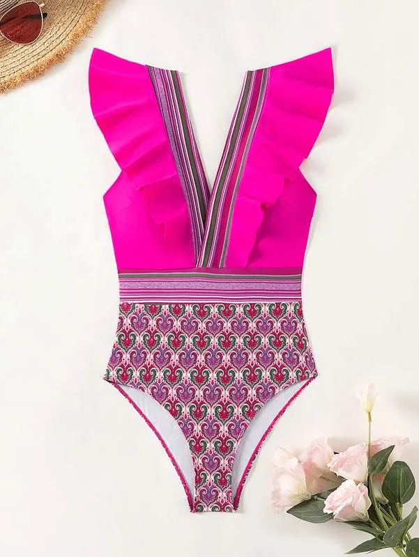 Trendy Paisley Ruffle One-Piece Swimwear with Tummy Control