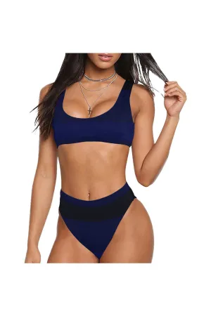 Tri-Blue Sport Top & High-Waist Bikini Swimsuit