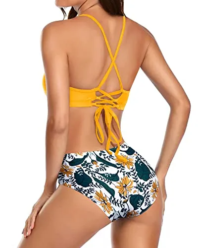 Triangle Bathing Suit With Tie Side String For Women Bikini-Yellow Floral