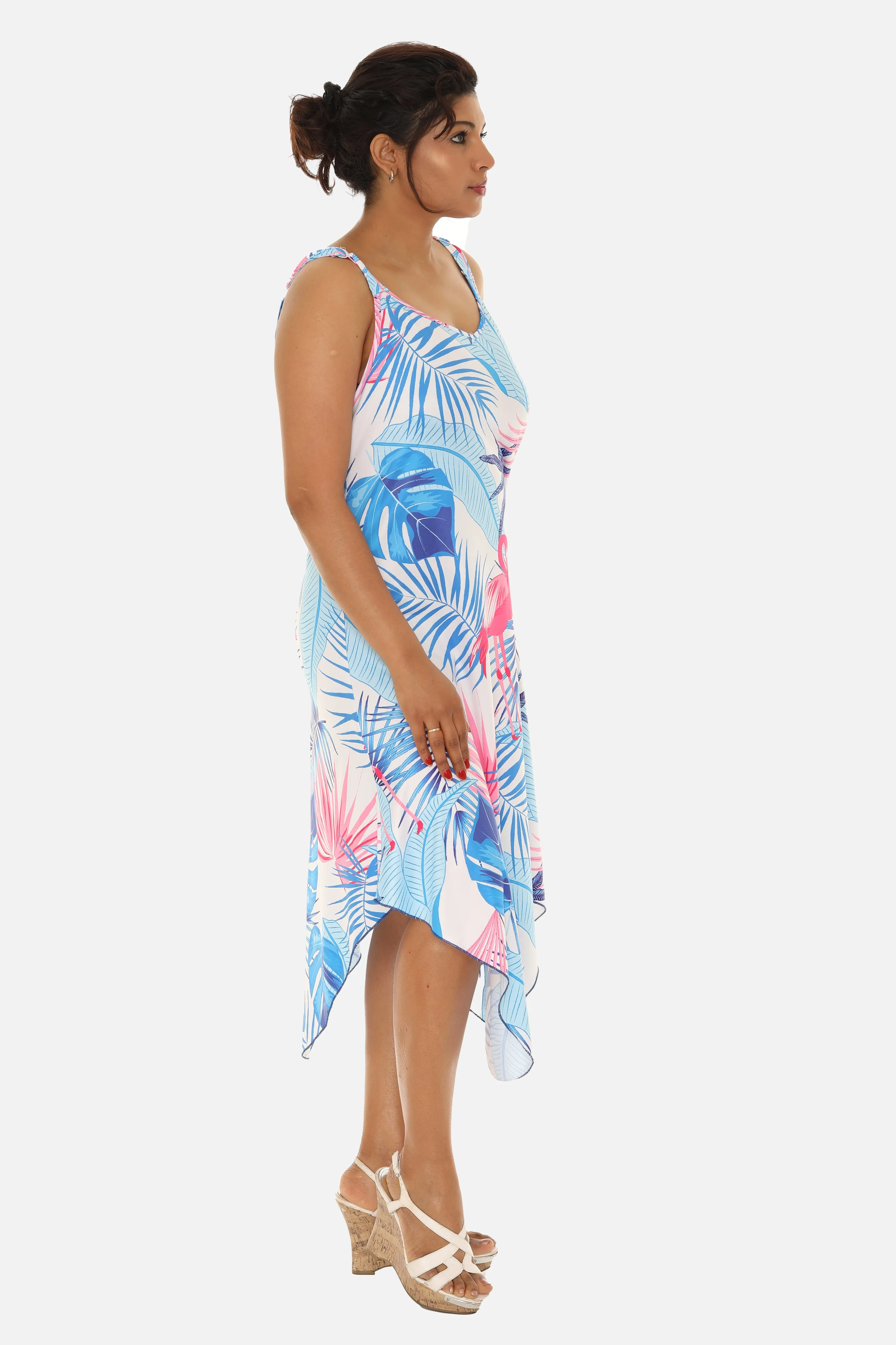Tropical Chevron Handkerchief Midi Dress For Women