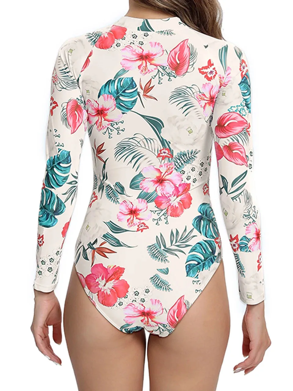Tropical Print Long Sleeve One-Piece Bathing Suit for Sun Protection