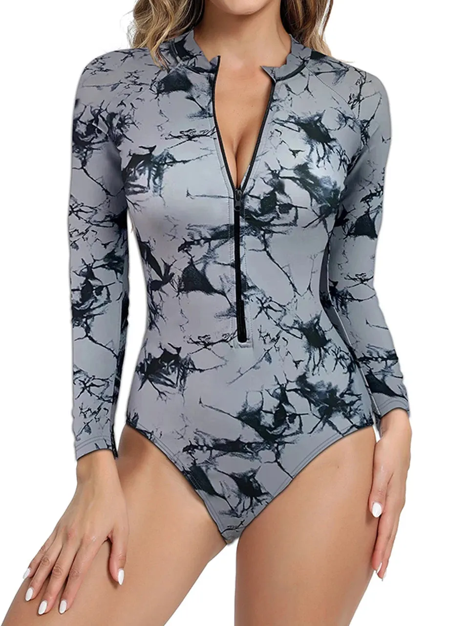 Tropical Print Long Sleeve One-Piece Bathing Suit for Sun Protection