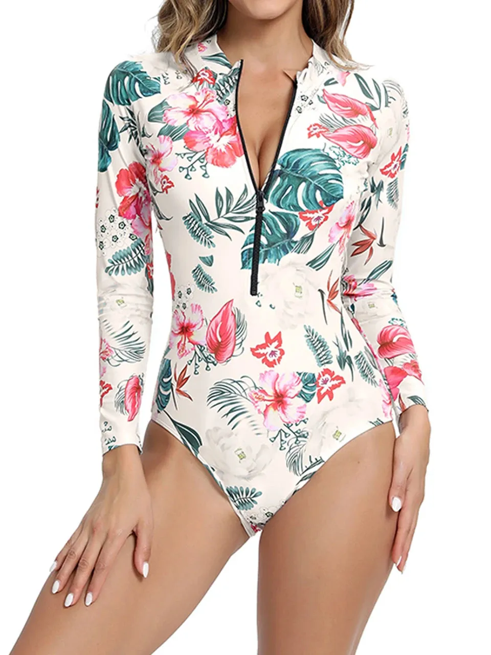 Tropical Print Long Sleeve One-Piece Bathing Suit for Sun Protection