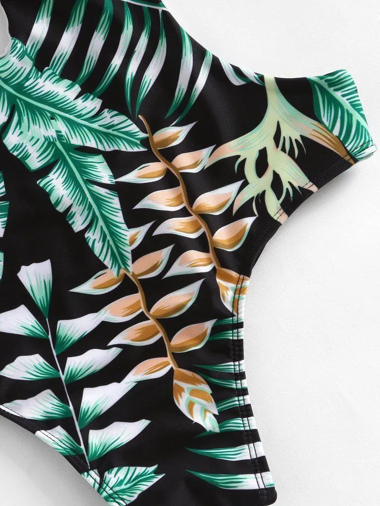 Tropical Print Plunge Neckline Monokini