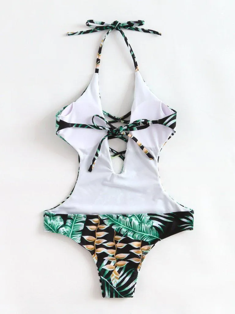 Tropical Print Plunge Neckline Monokini