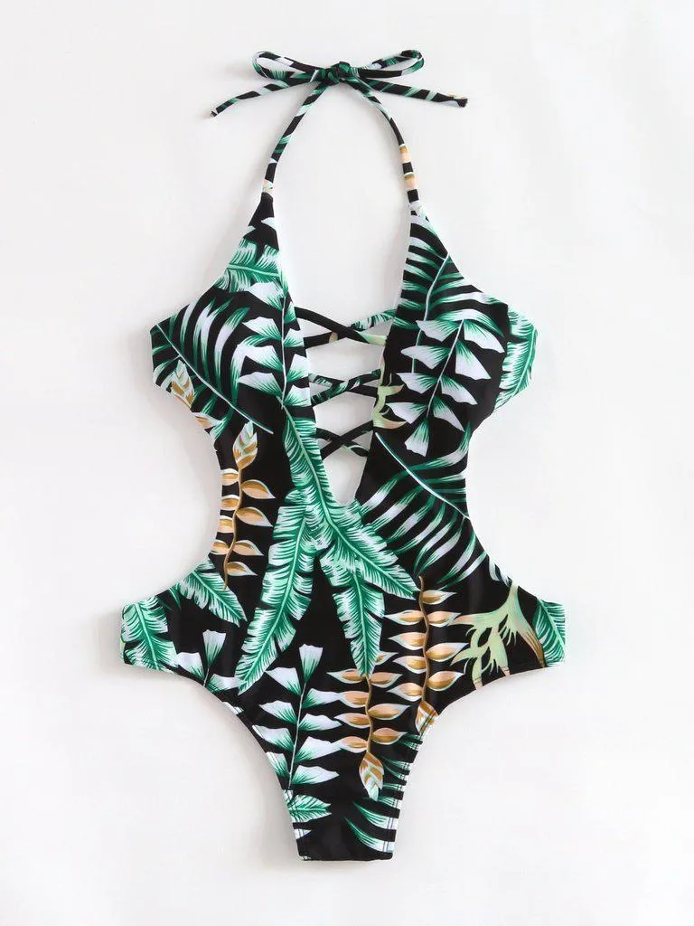 Tropical Print Plunge Neckline Monokini