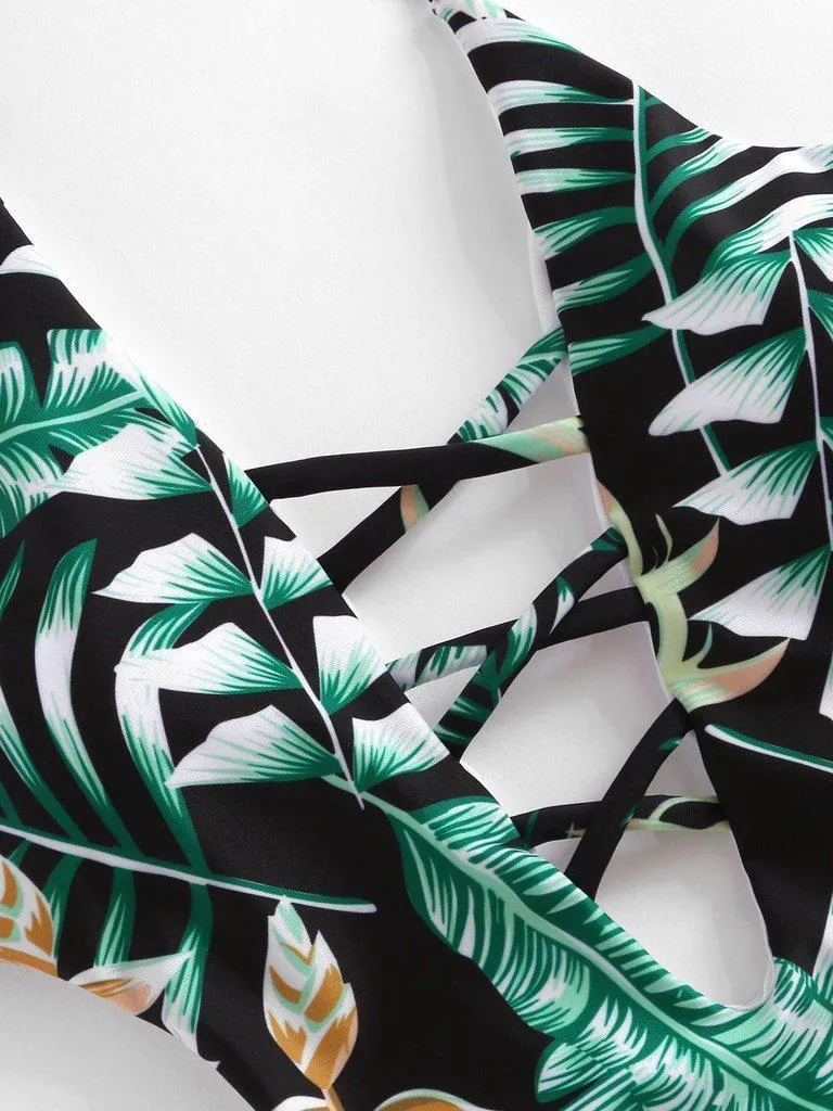 Tropical Print Plunge Neckline Monokini