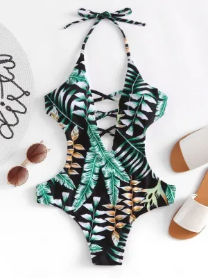 Tropical Print Plunge Neckline Monokini