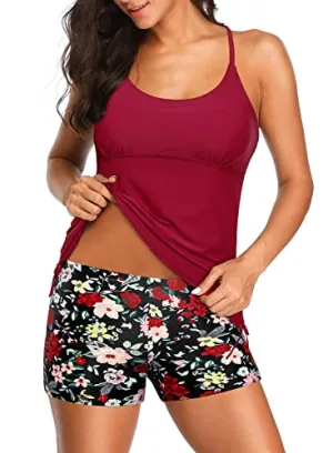 Tummy Control Athletic Tankini Boyleg Bottom For Women-Red Floral