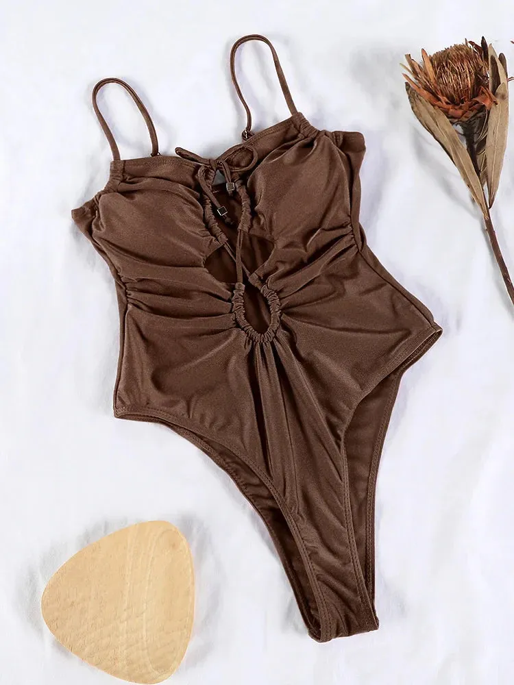Tummy Control Cutout Glossy One-Piece Swimsuit for Beach