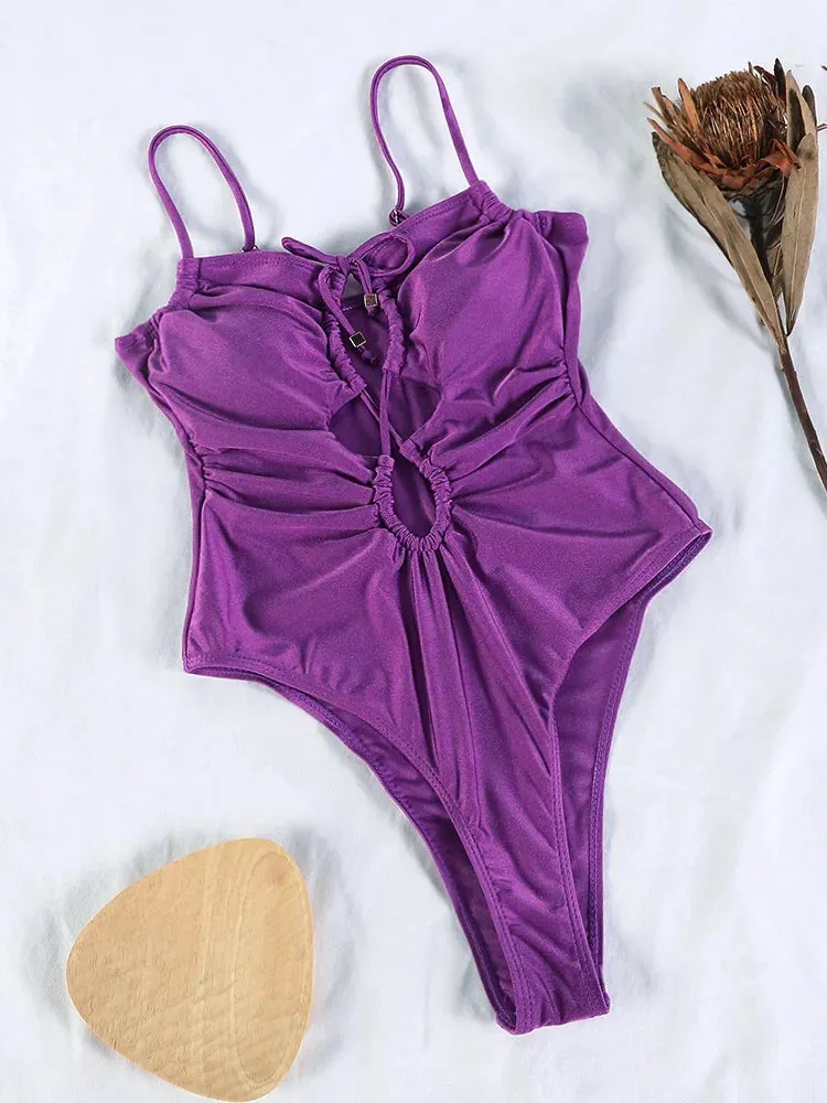 Tummy Control Cutout Glossy One-Piece Swimsuit for Beach
