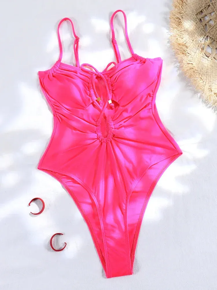 Tummy Control Cutout Glossy One-Piece Swimsuit for Beach