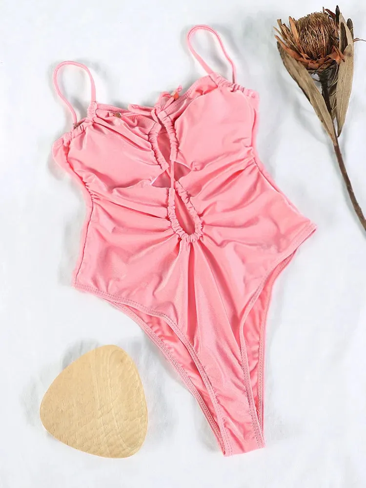 Tummy Control Cutout Glossy One-Piece Swimsuit for Beach