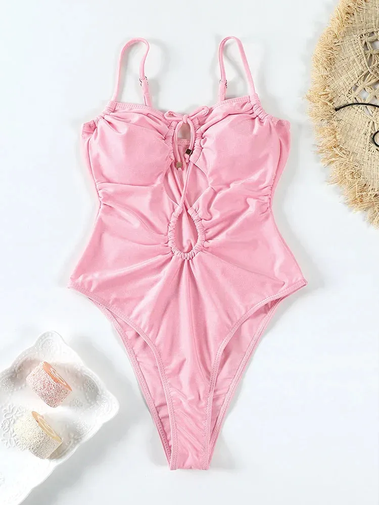 Tummy Control Cutout Glossy One-Piece Swimsuit for Beach
