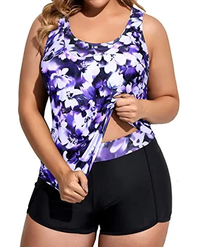 Tummy Control Effect Plus Size 3 Piece Tankini Swimsuits With Boy Shorts-Purple Flowers
