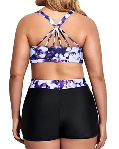Tummy Control Effect Plus Size 3 Piece Tankini Swimsuits With Boy Shorts-Purple Flowers