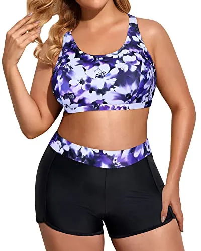 Tummy Control Effect Plus Size 3 Piece Tankini Swimsuits With Boy Shorts-Purple Flowers