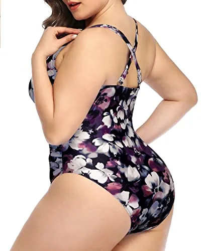 Tummy Control Lace Up Plunge V Neck Plus Size One Piece Swimsuit-Purple Floral