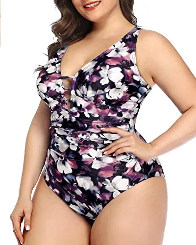 Tummy Control Lace Up Plunge V Neck Plus Size One Piece Swimsuit-Purple Floral