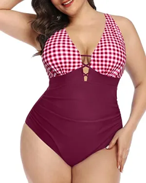 Tummy Control Lace Up Plunge V Neck Plus Size Slimming One Piece Swimsuit-Wine Red Plaid