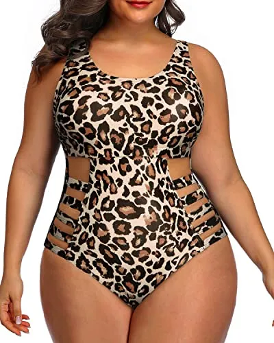 Tummy Control One Piece Bathing Suit Plus Size Side Cutout Sexy Swimwear-Leopard
