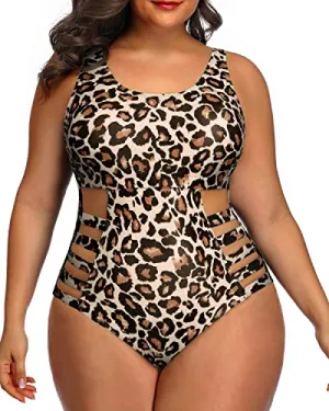 Tummy Control One Piece Bathing Suit Plus Size Side Cutout Sexy Swimwear-Leopard