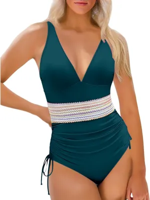 Tummy Control One Piece Swimsuits for Women V Neck Ruched Bathing Suit Color Block Drawstring Swim Suits Swimwear