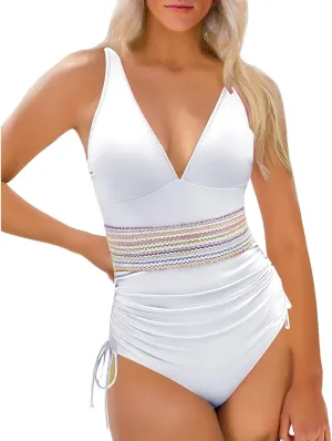 Tummy Control One Piece Swimsuits for Women V Neck Ruched Bathing Suit Color Block Drawstring Swim Suits Swimwear