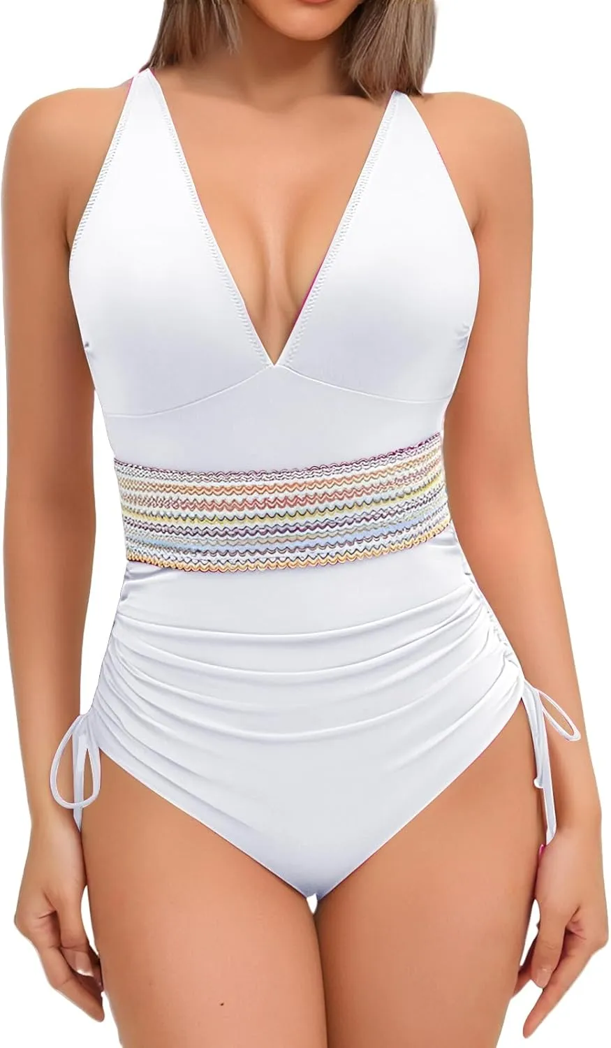 Tummy Control One Piece Swimsuits for Women V Neck Ruched Bathing Suit Color Block Drawstring Swim Suits Swimwear