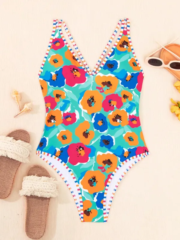Tummy Control One-Piece Swimwear for Women's Water Sports in Abstract Print