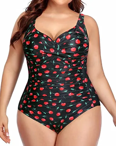 Tummy Control Ruched One Piece Bathing Suits For Curvy Women-Black Cherry