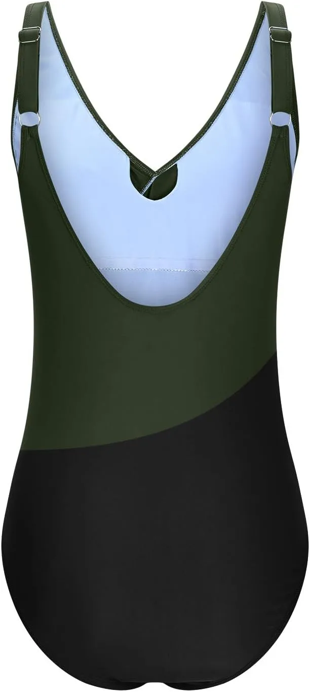 Tummy Control Swimsuits for Women Color Block One Piece Swimsuit Criss Cross V Neck Sexy Wrap Backless Bathing Suit