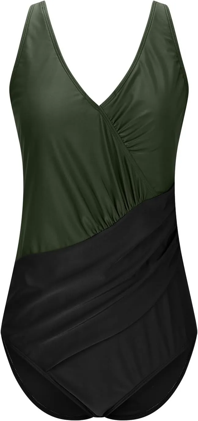 Tummy Control Swimsuits for Women Color Block One Piece Swimsuit Criss Cross V Neck Sexy Wrap Backless Bathing Suit