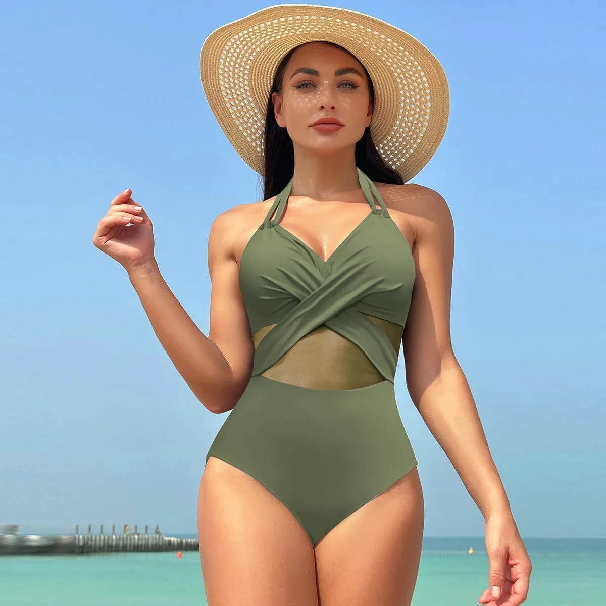 Tummy Control Swimsuits for Women Sleeveless Halter/Spaghetti Straps One Piece Swimsuit Bathing Suit Padded Swimwear
