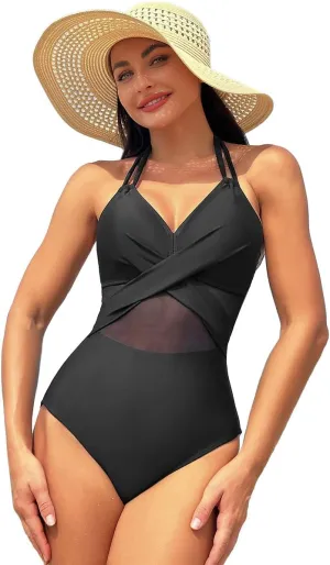 Tummy Control Swimsuits for Women Sleeveless Halter/Spaghetti Straps One Piece Swimsuit Bathing Suit Padded Swimwear