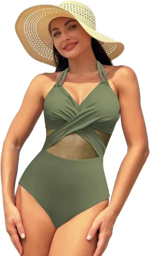 Tummy Control Swimsuits for Women Sleeveless Halter/Spaghetti Straps One Piece Swimsuit Bathing Suit Padded Swimwear