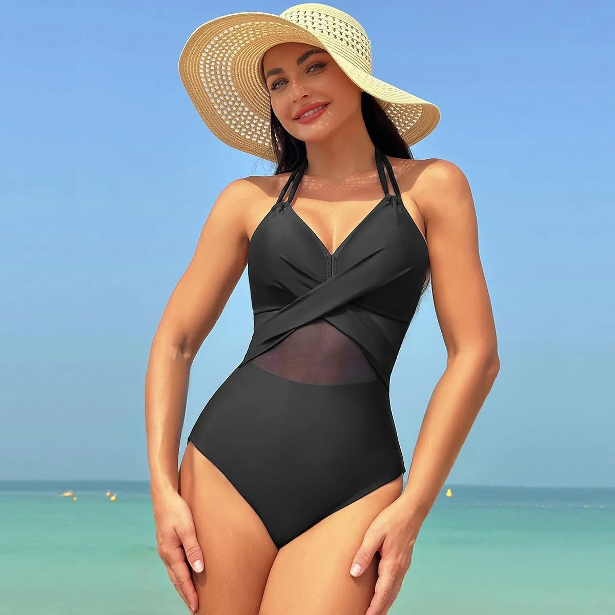 Tummy Control Swimsuits for Women Sleeveless Halter/Spaghetti Straps One Piece Swimsuit Bathing Suit Padded Swimwear