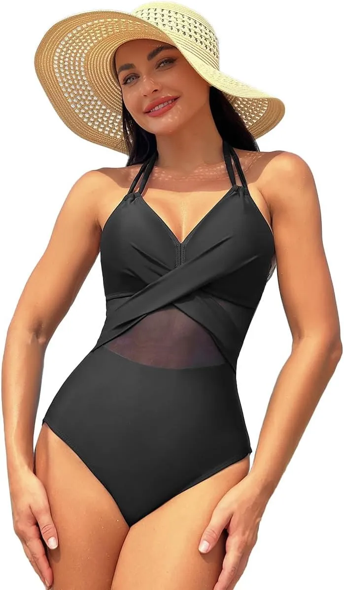 Tummy Control Swimsuits for Women Sleeveless Halter/Spaghetti Straps One Piece Swimsuit Bathing Suit Padded Swimwear