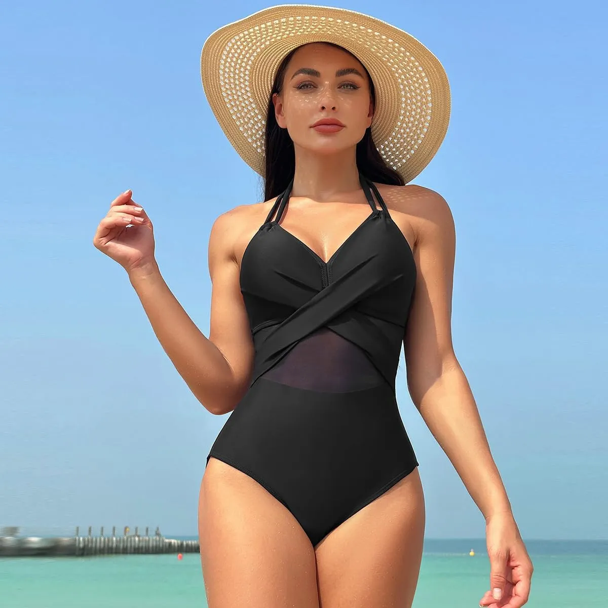Tummy Control Swimsuits for Women Sleeveless Halter/Spaghetti Straps One Piece Swimsuit Bathing Suit Padded Swimwear